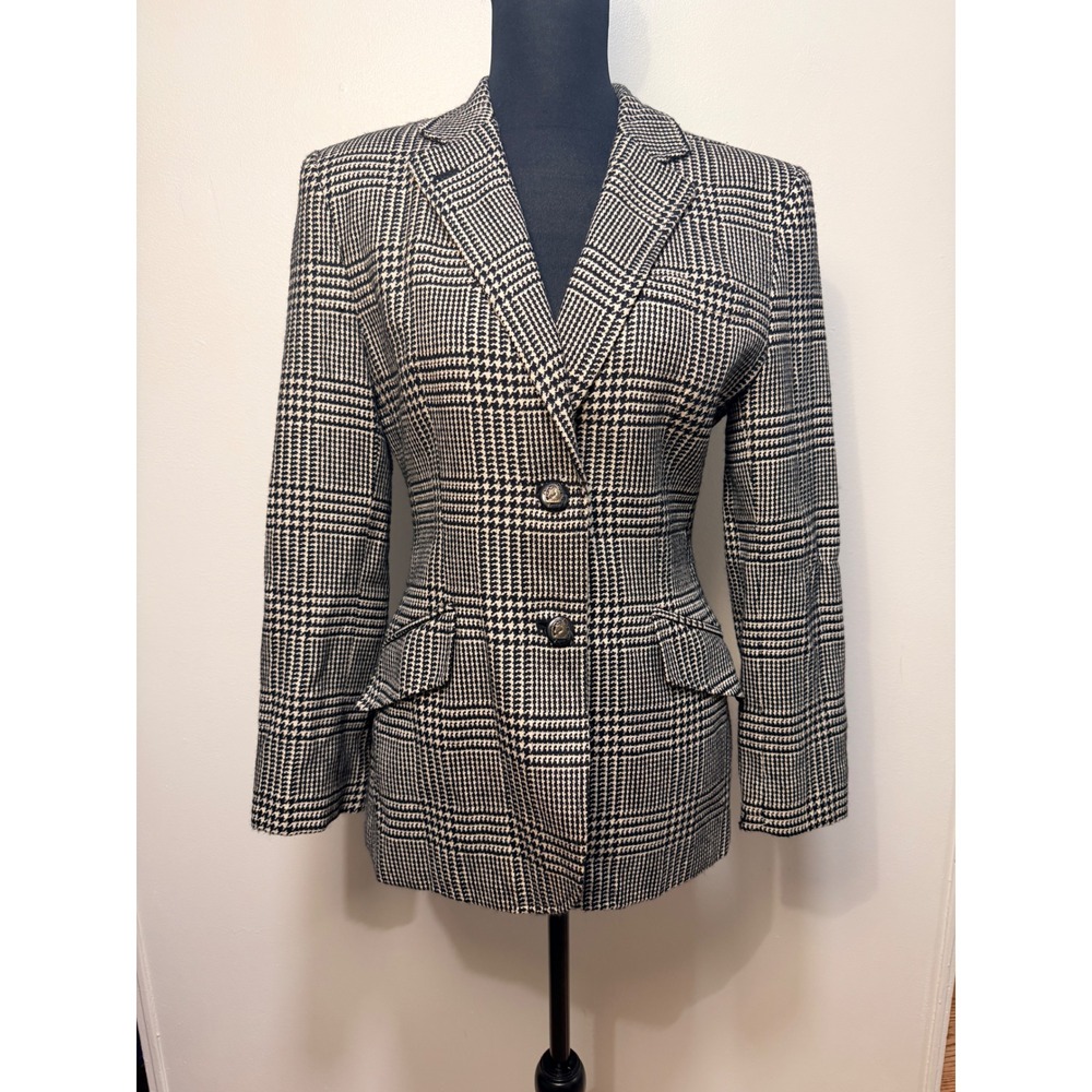 Vintage 90s Lauren Ralph Lauren Equestrian Houndstooth Blazer Wool Silk Cashmere